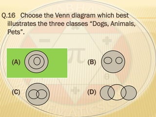 Q.16 Choose the Venn diagram which best
illustrates the three classes “Dogs, Animals,
Pets”.
(A) (B)
(C) (D)
 