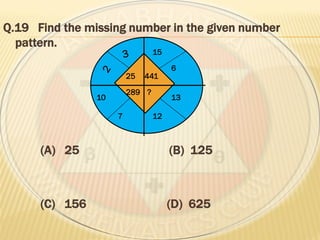 Q.19 Find the missing number in the given number
pattern.
(A) 25 (B) 125
(C) 156 (D) 625
6
13
127
10
25 441
289 ?
15
 