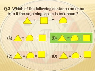 Q.3 Which of the following sentence must be
true if the adjoining scale is balanced ?
+ =
(A) = + (B) = -
(C) = * (D) = /
 