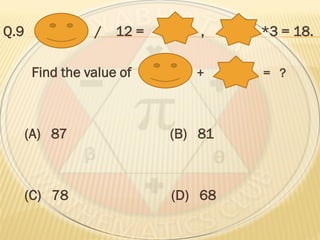 Q.9 / 12 = , *3 = 18.
Find the value of + = ?
(A) 87 (B) 81
(C) 78 (D) 68
 