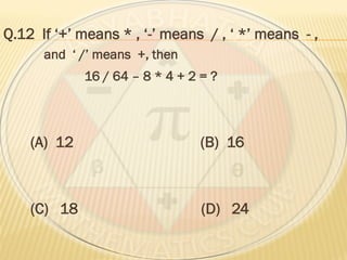 Q.12 If ‘+’ means * , ‘-’ means / , ‘ *’ means - ,
and ‘ /’ means +, then
16 / 64 – 8 * 4 + 2 = ?
(A) 12 (B) 16
(C) 18 (D) 24
 