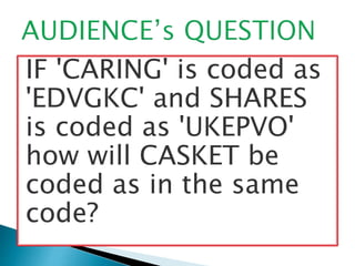 IF 'CARING' is coded as
'EDVGKC' and SHARES
is coded as 'UKEPVO'
how will CASKET be
coded as in the same
code?
 