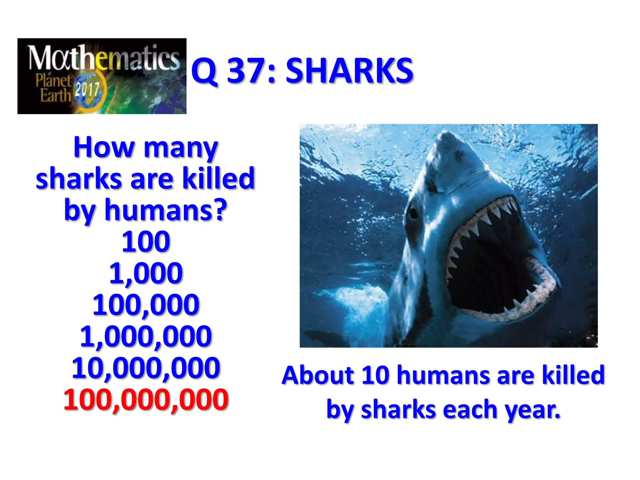 Q 37: SHARKS
About 10 humans are killed
by sharks each year.
How many
sharks are killed
by humans?
100
1,000
100,000
1,000,000
10,000,000
100,000,000
 