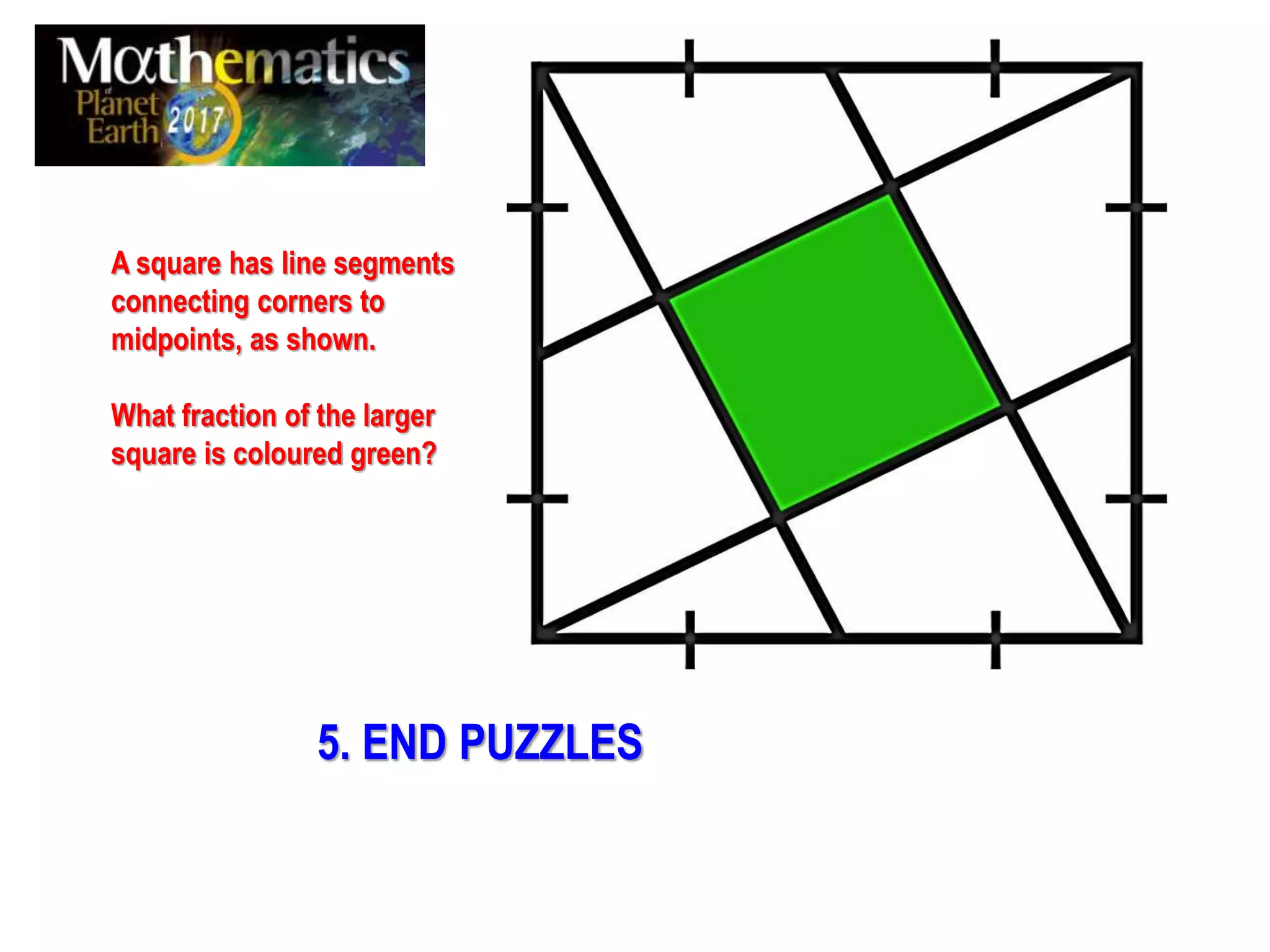 A square has line segments
connecting corners to
midpoints, as shown.
What fraction of the larger
square is coloured green?
5. END PUZZLES
 