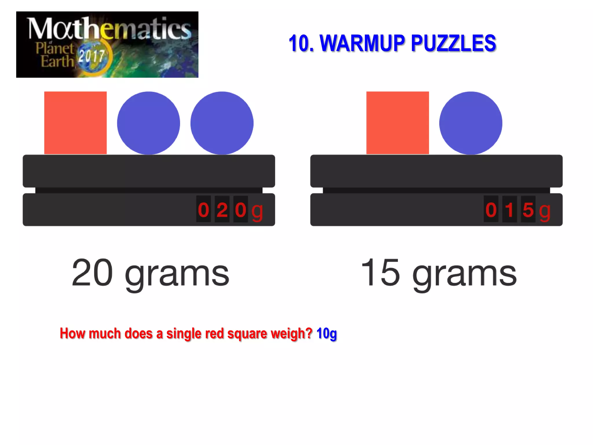 How much does a single red square weigh? 10g
10. WARMUP PUZZLES
 