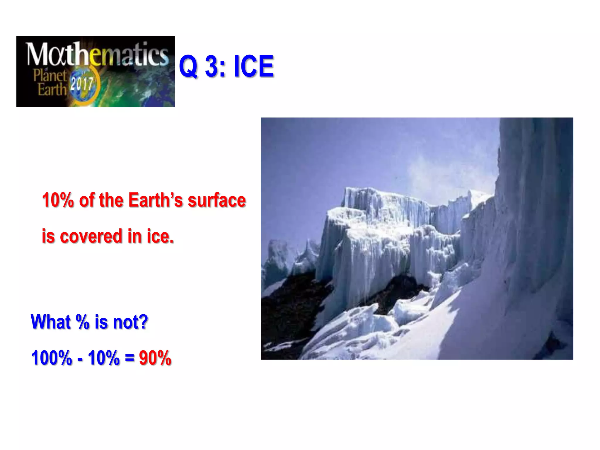Q 3: ICE
10% of the Earth’s surface
is covered in ice.
What % is not?
100% - 10% = 90%
 