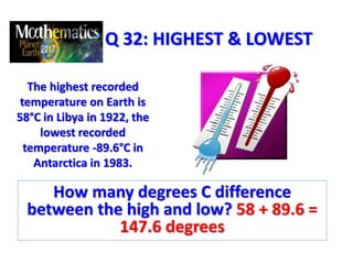 Q 32: HIGHEST & LOWEST
The highest recorded
temperature on Earth is
58°C in Libya in 1922, the
lowest recorded
temperature -89.6°C in
Antarctica in 1983.
How many degrees C difference
between the high and low? 58 + 89.6 =
147.6 degrees
 
