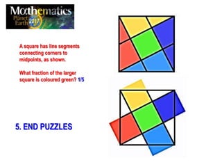 A square has line segments
connecting corners to
midpoints, as shown.
What fraction of the larger
square is coloured green? 1/5
5. END PUZZLES
 