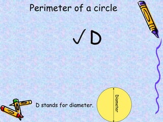 Perimeter of a circle
D
D stands for diameter.
Diameter
 