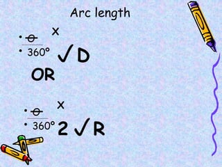 Arc length
• Θ
• 360º
X
D
OR
X
2R
• Θ
• 360º
 