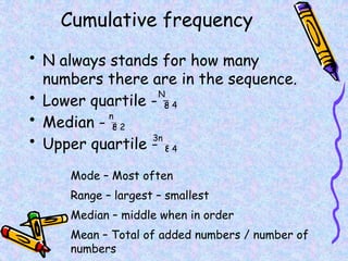 Cumulative frequency
• N always stands for how many
numbers there are in the sequence.
• Lower quartile - ⅛
• Median - ⅛
• Upper quartile - ⅛
4
2
4
n
N
3n
Mode – Most often
Range – largest – smallest
Median – middle when in order
Mean – Total of added numbers / number of
numbers
 