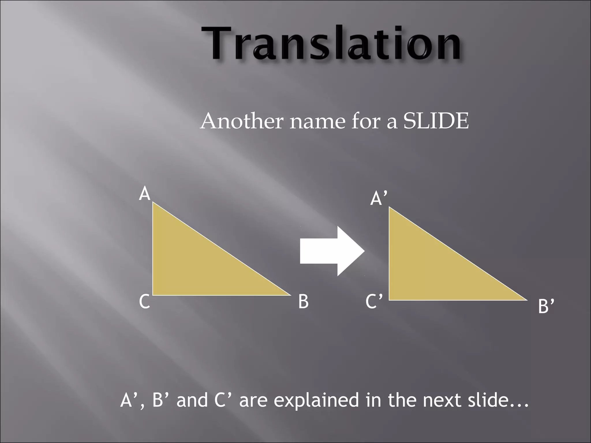 Another name for a SLIDE 
A 
C B 
A’ 
C’ B’ 
A’, B’ and C’ are explained in the next slide... 
 