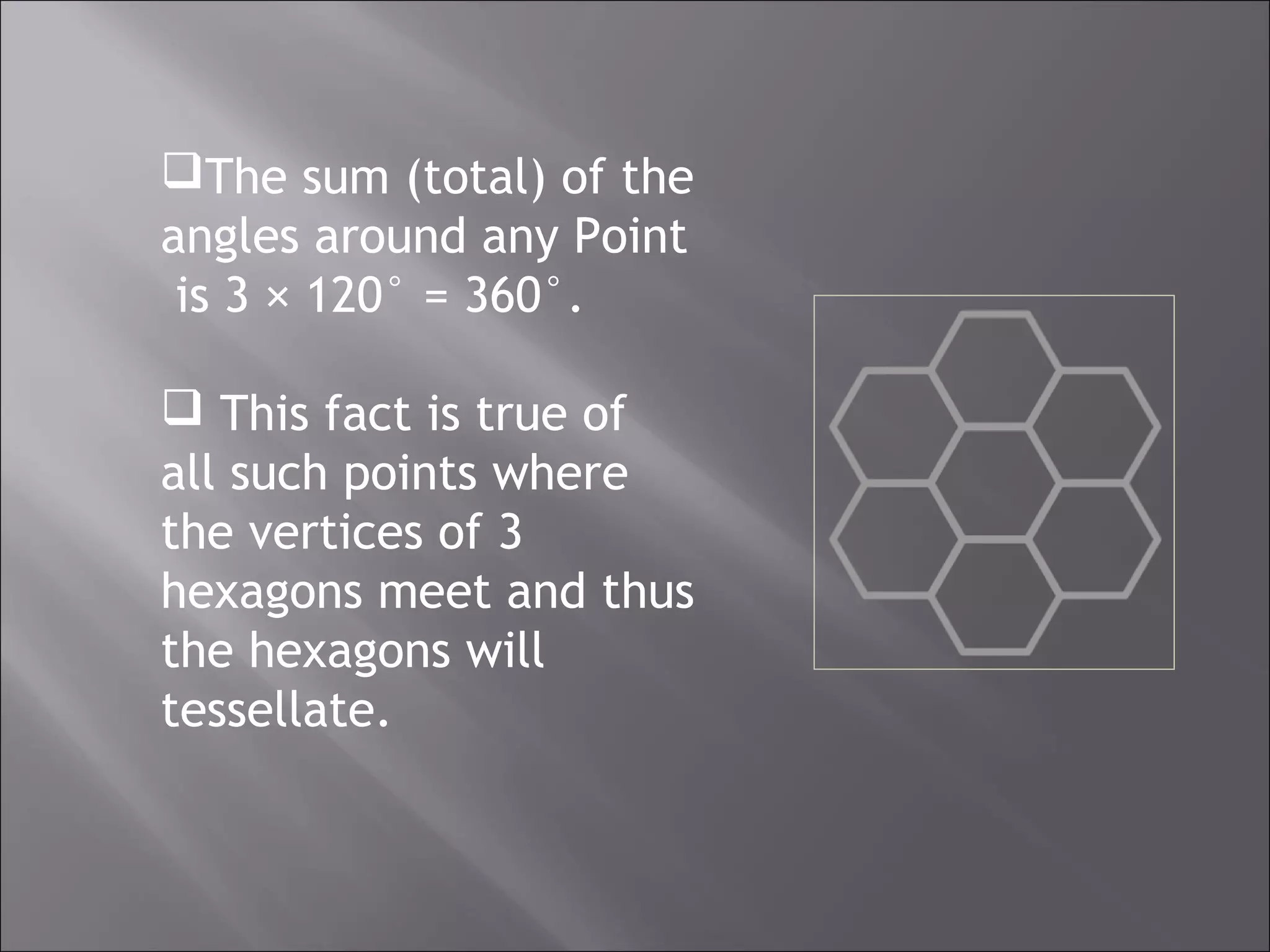 The sum (total) of the 
angles around any Point 
is 3 × 120° = 360°. 
 This fact is true of 
all such points where 
the vertices of 3 
hexagons meet and thus 
the hexagons will 
tessellate. 
 