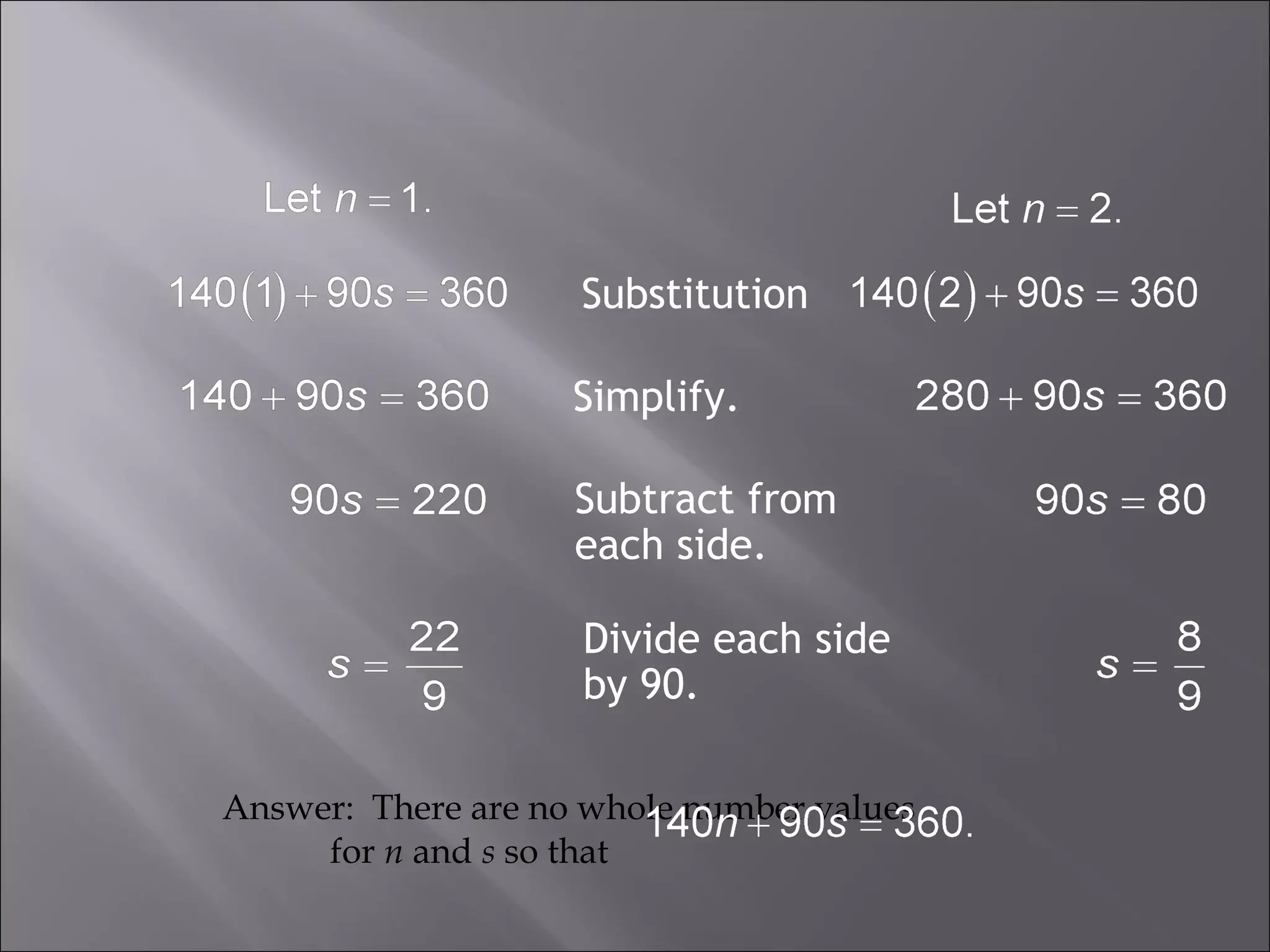 Substitution 
Simplify. 
Subtract from 
each side. 
Divide each side 
by 90. 
Answer: There are no whole number values 
for n and s so that 
 
