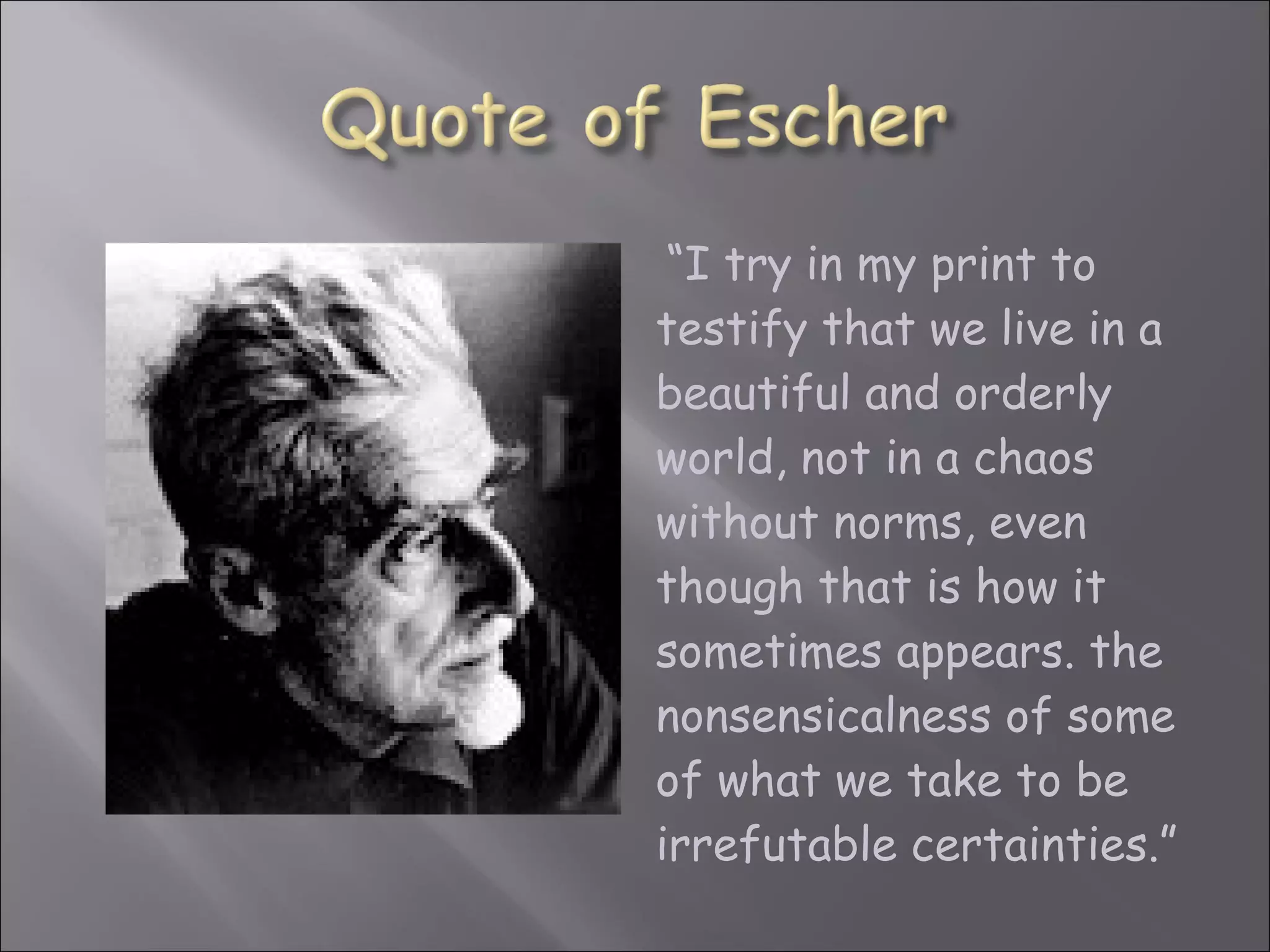  “I try in my print to 
testify that we live in a 
beautiful and orderly 
world, not in a chaos 
without norms, even 
though that is how it 
sometimes appears. the 
nonsensicalness of some 
of what we take to be 
irrefutable certainties.” 
 