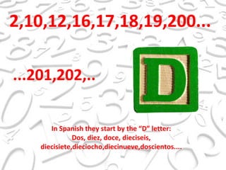 2,10,12,16,17,18,19,200... ...201,202,.. In Spanish they start by the “D” letter: Dos, diez, doce, dieciseis, diecisiete,dieciocho,diecinueve,doscientos.... 