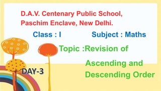 D.A.V. Centenary Public School,
Paschim Enclave, New Delhi.
Class : I Subject : Maths
Topic :Revision of
Ascending and
Descending Order
 