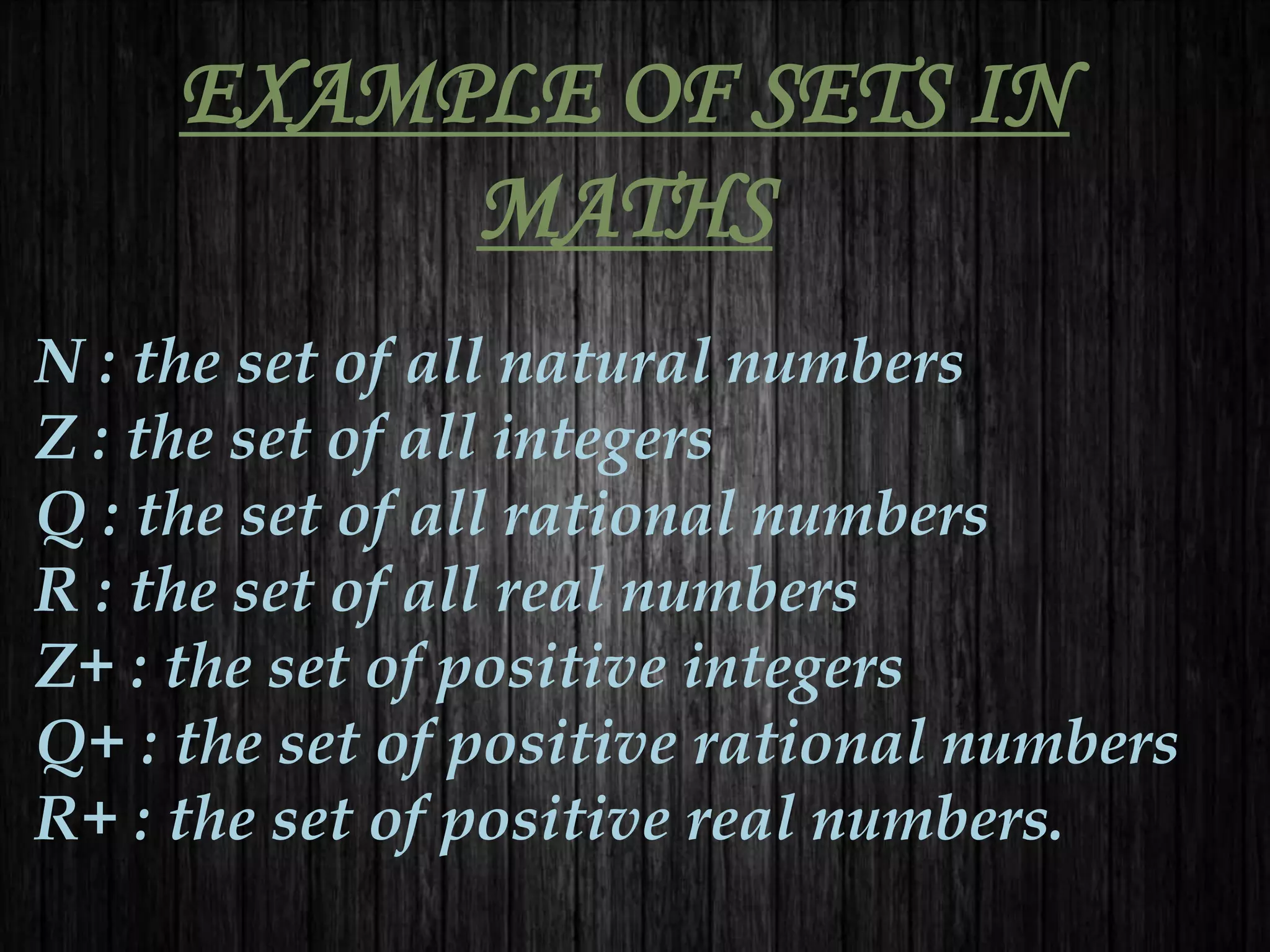 EXAMPLE OF SETS IN
MATHS
N : the set of all natural numbers
Z : the set of all integers
Q : the set of all rational numbers
R : the set of all real numbers
Z+ : the set of positive integers
Q+ : the set of positive rational numbers
R+ : the set of positive real numbers.
 