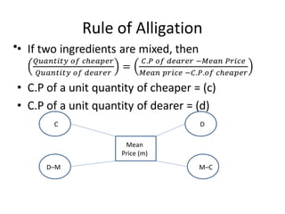 Rule of Alligation
• If two ingredients are mixed, then
• C.P of a unit quantity of cheaper = (c)
• C.P of a unit quantity of dearer = (d)
•
C D
D–M M–C
Mean
Price (m)
 