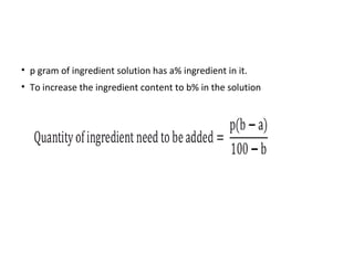 • p gram of ingredient solution has a% ingredient in it.
• To increase the ingredient content to b% in the solution
 