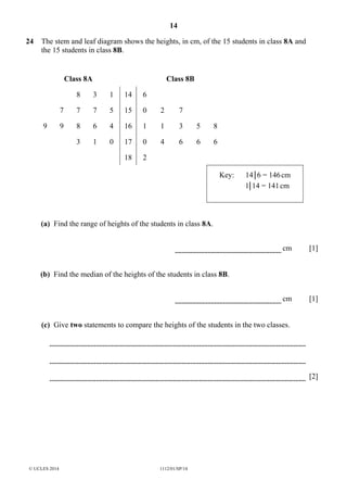 14
© UCLES 2014 1112/01/SP/14
24 The stem and leaf diagram shows the heights, in cm, of the 15 students in class 8A and
the 15 students in class 8B.
Class 8A Class 8B
8 3 1 14 6
7 7 7 5 15 0 2 7
9 9 8 6 4 16 1 1 3 5 8
3 1 0 17 0 4 6 6 6
18 2
Key: 14|6 = 146cm
1|14 = 141cm
(a) Find the range of heights of the students in class 8A.
cm [1]
(b) Find the median of the heights of the students in class 8B.
cm [1]
(c) Give two statements to compare the heights of the students in the two classes.
[2]
 