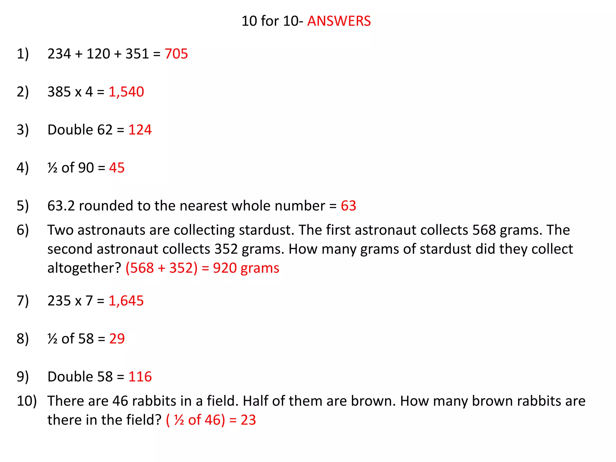 10 for 10- ANSWERS
1) 234 + 120 + 351 = 705
2) 385 x 4 = 1,540
3) Double 62 = 124
4) ½ of 90 = 45
5) 63.2 rounded to the nearest whole number = 63
6) Two astronauts are collecting stardust. The first astronaut collects 568 grams. The
second astronaut collects 352 grams. How many grams of stardust did they collect
altogether? (568 + 352) = 920 grams
7) 235 x 7 = 1,645
8) ½ of 58 = 29
9) Double 58 = 116
10) There are 46 rabbits in a field. Half of them are brown. How many brown rabbits are
there in the field? ( ½ of 46) = 23
 