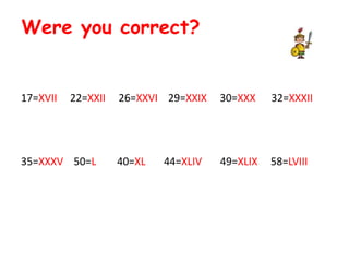 Were you correct?
17=XVII 22=XXII 26=XXVI 29=XXIX 30=XXX 32=XXXII
35=XXXV 50=L 40=XL 44=XLIV 49=XLIX 58=LVIII
 