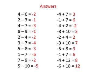4 – 6 = -2
2 – 3 = -1
4 – 7 = -3
8 – 9 = -1
2 – 4 = -2
3 – 7 = -4
5 – 8 = -3
1 – 7 = -6
7 – 9 = -2
5 – 10 = -5
-4 + 7 = 3
-1 + 7 = 6
-4 + 2 = -2
-8 + 10 = 2
-2 + 4 = 2
-3 + 10 = 7
-5 + 8 = 3
-1 + 7 = 6
-4 + 12 = 8
-6 + 18 = 12
Answers
 
