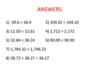 ANSWERS
1) 39.6 > 36.9 2) 104.32 = 104.32
3) 12.50 < 12.61 4) 2,712 > 2,172
5) 32.84 < 38.24 6) 90.09 < 90.90
7) 1,784.32 > 1,748.23
8) 38.72 > 38.27 = 38.27
 