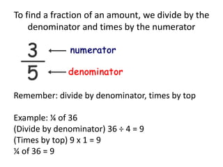To find a fraction of an amount, we divide by the
denominator and times by the numerator
Remember: divide by denominator, times by top
Example: ¼ of 36
(Divide by denominator) 36 ÷ 4 = 9
(Times by top) 9 x 1 = 9
¼ of 36 = 9
 