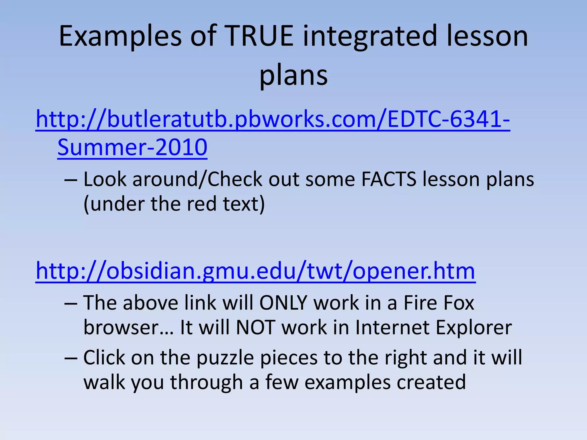 UBD	Understanding By Design3 Stageshttp://www.grantwiggins.org/ubd/ubd.lassoMY Overview…..Start with the End in Mind Plan GOOD questions for the day/lesson (arguable, adult life like) Get them thinkingBig Idea answers , “Why?”Real Life ApplicationRubric Assessments