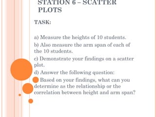 STATION 6 – SCATTER
PLOTS
TASK:
a) Measure the heights of 10 students.
b) Also measure the arm span of each of
the 10 students.
c) Demonstrate your findings on a scatter
plot.
d) Answer the following question:
Based on your findings, what can you
determine as the relationship or the
correlation between height and arm span?

 