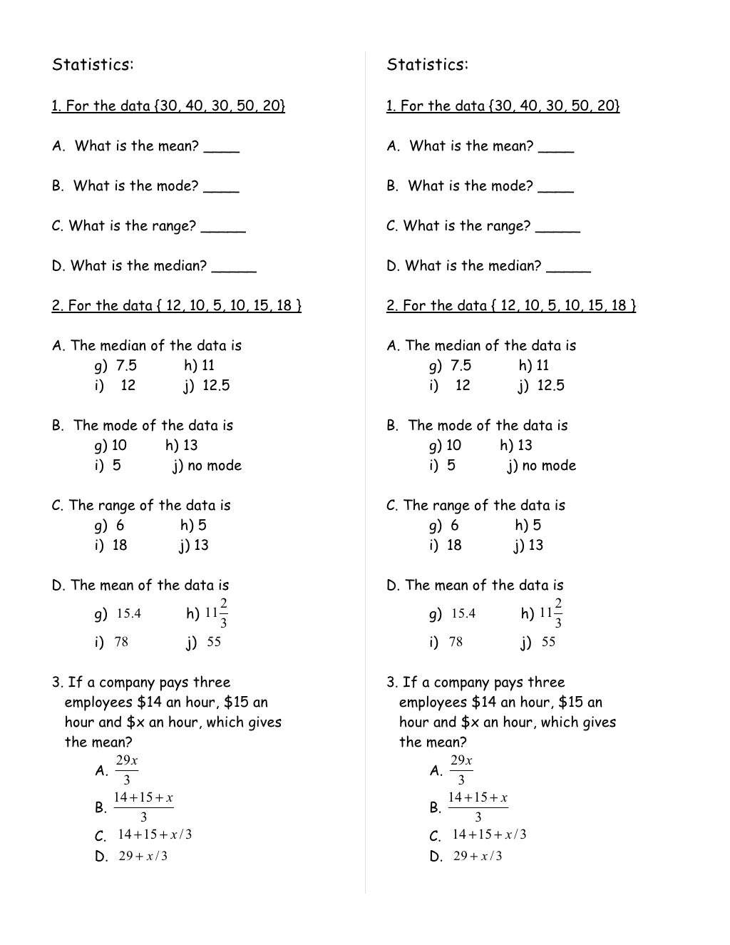 MATH: STATISTIC WORKSHEET