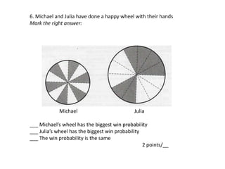 6. Michael and Julia have done a happy wheel with their hands
Mark the right answer:
Michael Julia
___ Michael’s wheel has the biggest win probability
___ Julia’s wheel has the biggest win probability
___ The win probability is the same
2 points/__
 