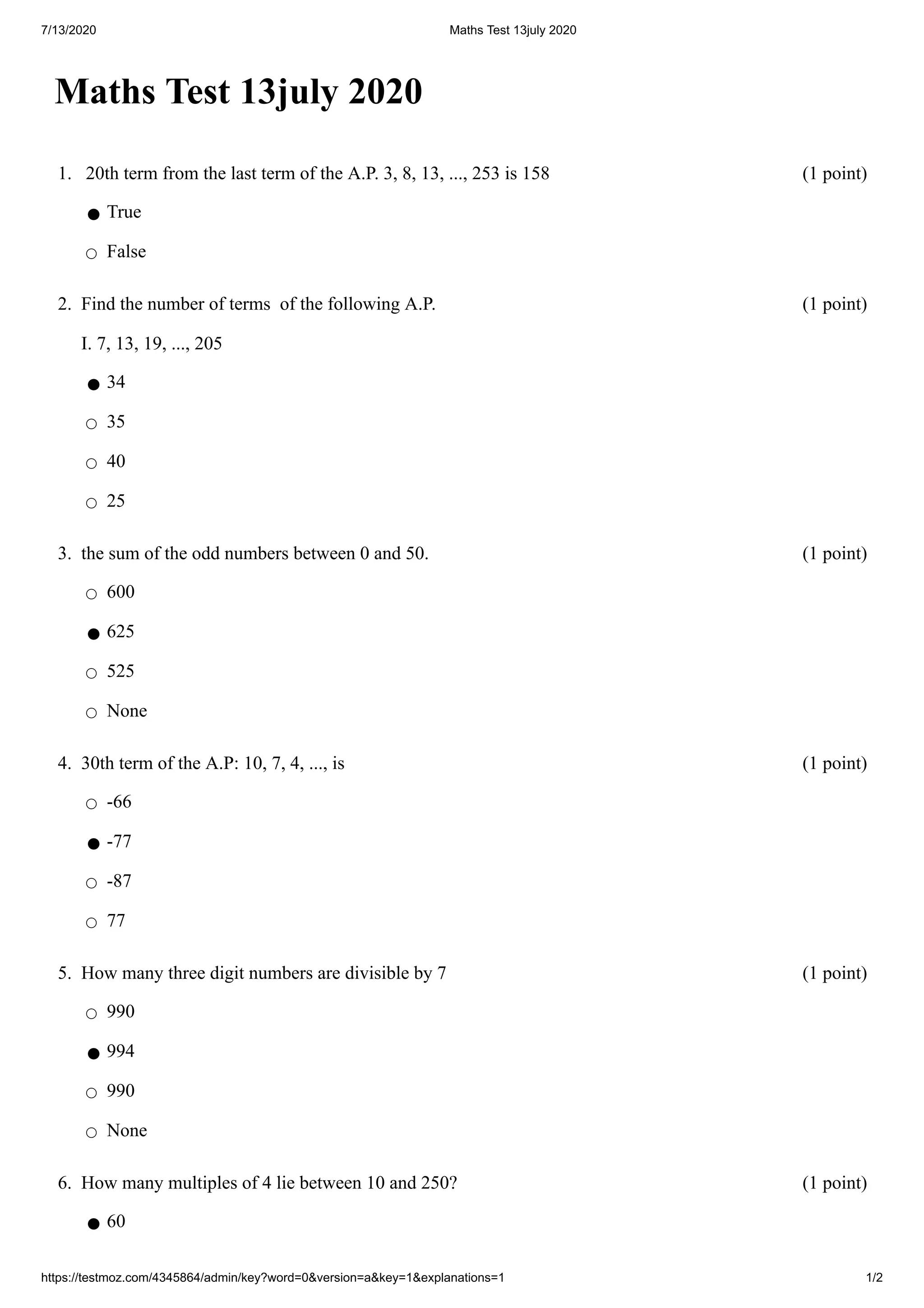 Maths test answer key | PDF