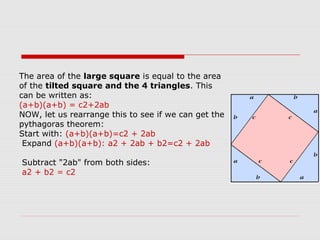 The area of the large square is equal to the area
of the tilted square and the 4 triangles. This
can be written as:
(a+b)(a+b) = c2+2ab
NOW, let us rearrange this to see if we can get the
pythagoras theorem:
Start with: (a+b)(a+b)=c2 + 2ab
Expand (a+b)(a+b): a2 + 2ab + b2=c2 + 2ab
Subtract "2ab" from both sides:
a2 + b2 = c2
 