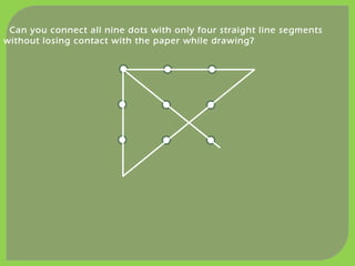 Can you connect all nine dots with only four straight line segments
without losing contact with the paper while drawing?
 