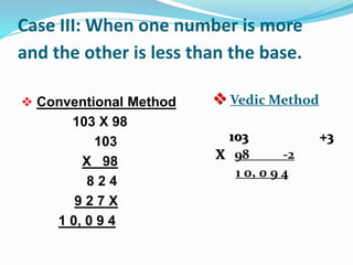 Case III: When one number is more
and the other is less than the base.
 Conventional Method
103 X 98
103
X 98
8 2 4
9 2 7 X
1 0, 0 9 4
 Vedic Method
103 +3
X 98 -2
1 0, 0 9 4
 