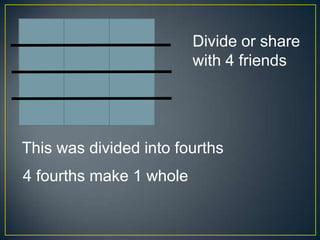 Divide or share
                         with 4 friends




This was divided into fourths
4 fourths make 1 whole
 