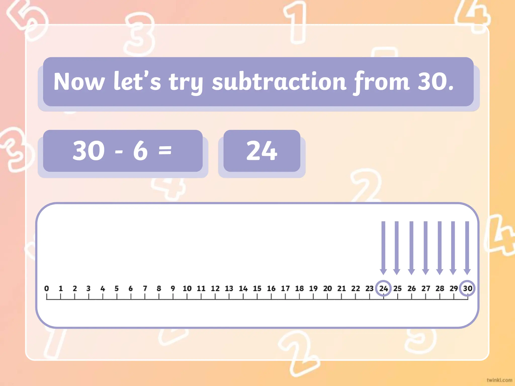 Now let’s try subtraction from 30.
30 - 6 = 24
 