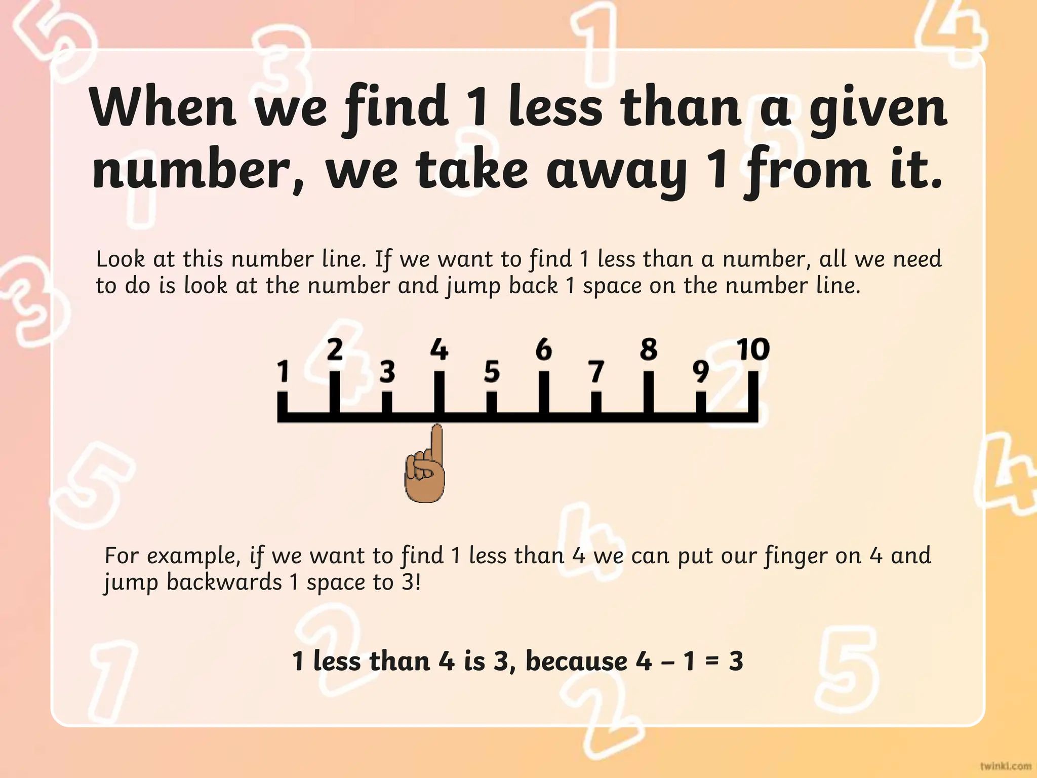 When we find 1 less than a given
number, we take away 1 from it.
Look at this number line. If we want to find 1 less than a number, all we need
to do is look at the number and jump back 1 space on the number line.
For example, if we want to find 1 less than 4 we can put our finger on 4 and
jump backwards 1 space to 3!
1 less than 4 is 3, because 4 – 1 = 3
 