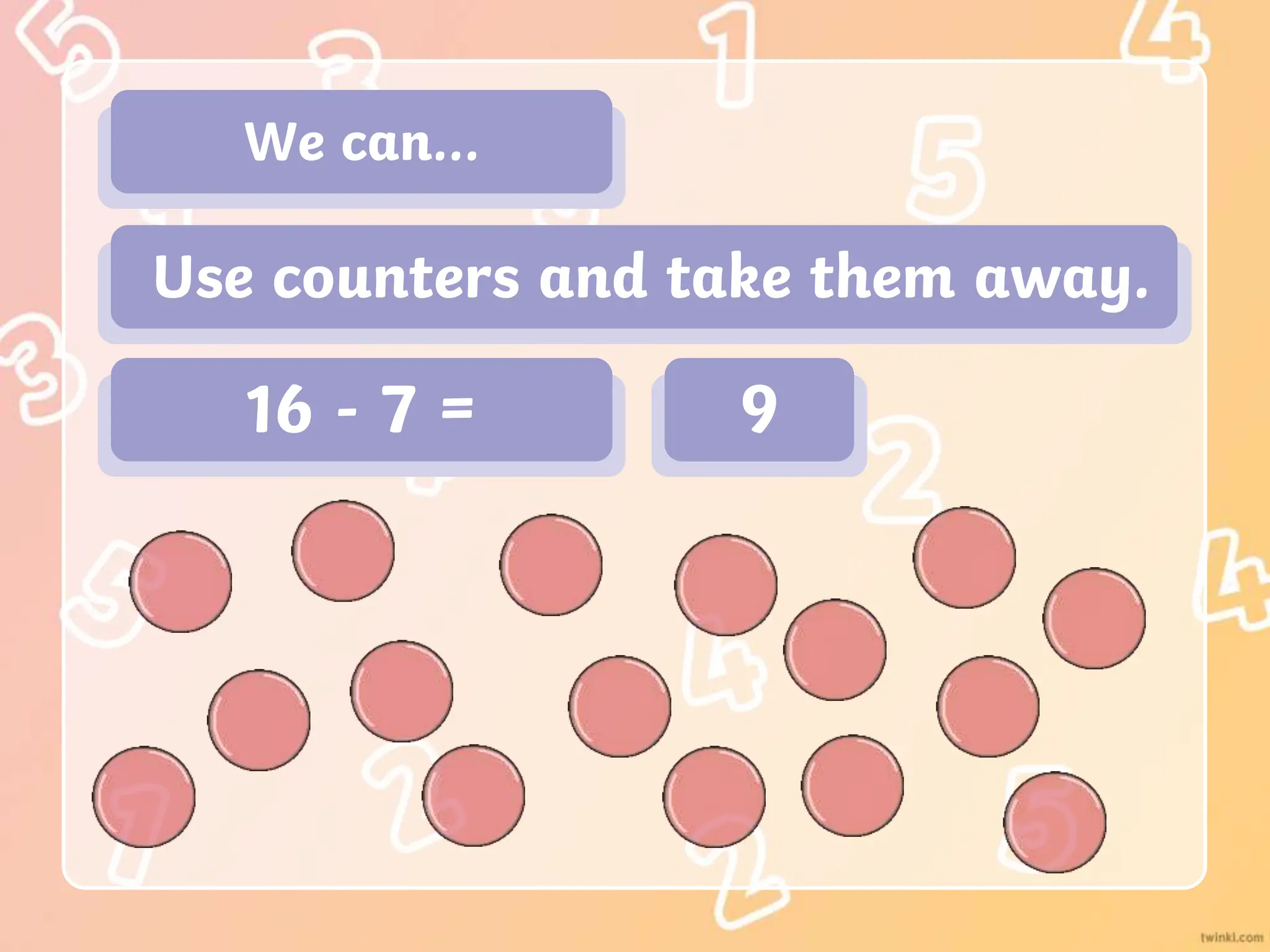 We can…
Use counters and take them away.
16 - 7 = 9
 