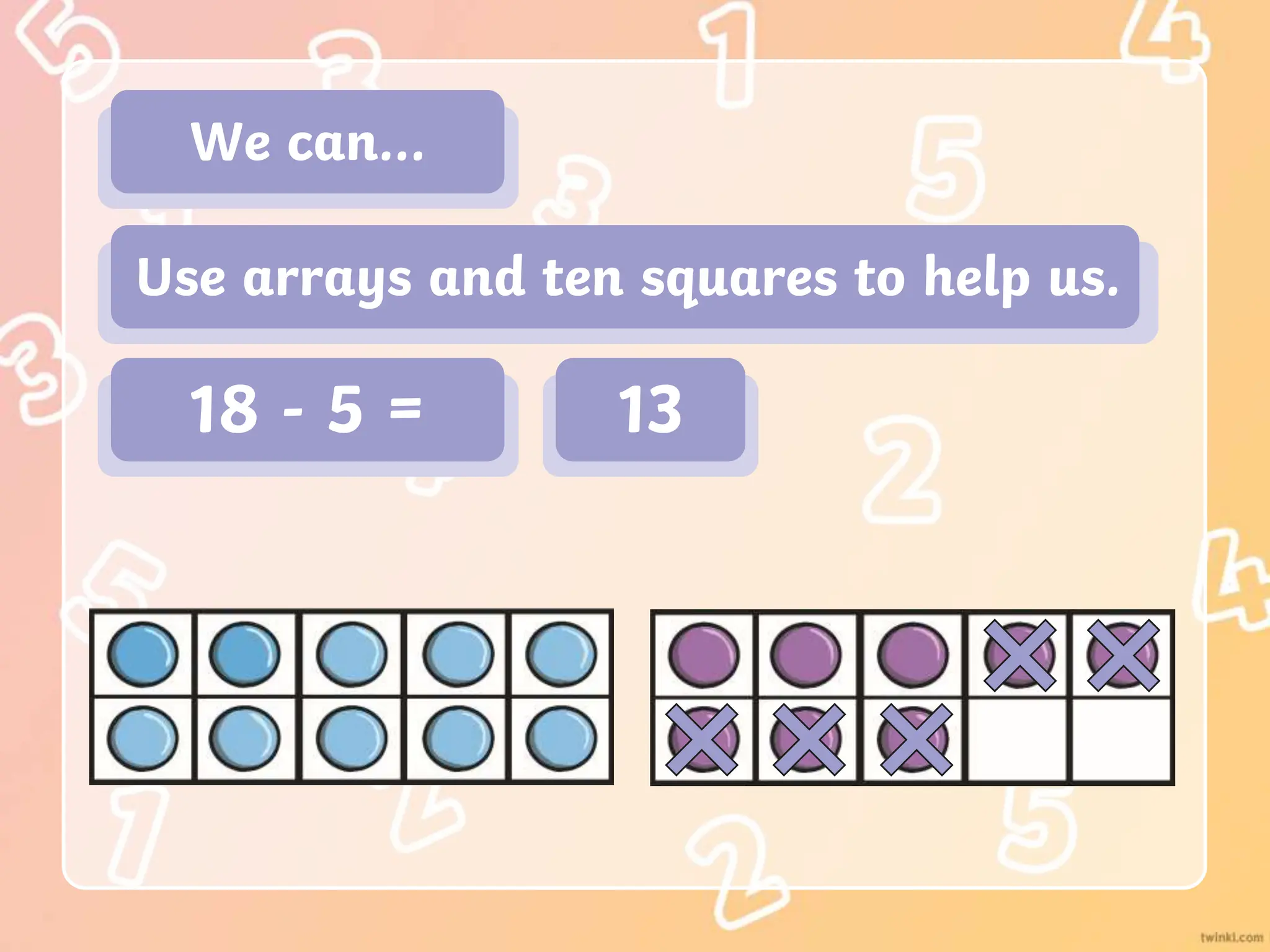 We can…
Use arrays and ten squares to help us.
18 - 5 = 13
 