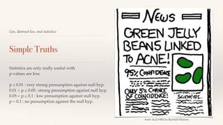 Lies, damned lies, and statistics 
Simple Truths 
Statistics are only really useful with 
p-values are low. 
p ≤ 0.01 : very strong presumption against null hyp. 
0.01 < p ≤ 0.05 : strong presumption against null hyp. 
0.05 < p ≤ 0.1 : low presumption against null hyp. 
p > 0.1 : no presumption against the null hyp. 
from xkcd #882 by Randall Munroe 
 