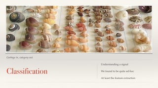 Garbage in, category out. 
Classification Understanding a signal 
We found to be quite ad-hoc 
At least the feature extraction 
 