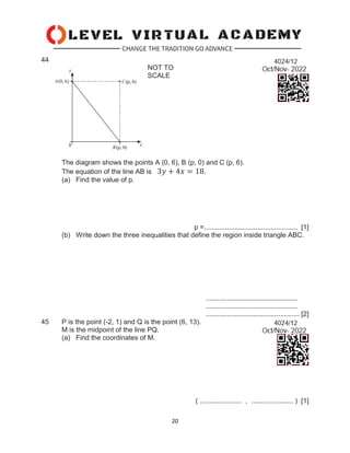 20
44
NOT TO
SCALE
The diagram shows the points A (0, 6), B (p, 0) and C (p, 6).
The equation of the line AB is 3𝑦 + 4𝑥 = 18.
(a) Find the value of p.
p =................................................. [1]
(b) Write down the three inequalities that define the region inside triangle ABC.
................................................
................................................
................................................. [2]
45 P is the point (-2, 1) and Q is the point (6, 13).
M is the midpoint of the line PQ.
(a) Find the coordinates of M.
( ...................... , ...................... ) [1]
 