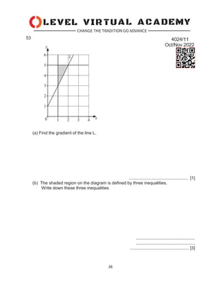 26
53
(a) Find the gradient of the line L.
................................................. [1]
(b) The shaded region on the diagram is defined by three inequalities.
Write down these three inequalities
.................................................
.................................................
................................................. [3]
 