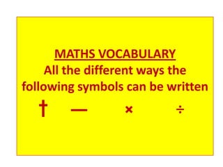 MATHS VOCABULARY
All the different ways the
following symbols can be written
† ─ ×!!
÷