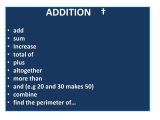 ADDITION †
• add
• sum
• Increase
• total of
• plus
• altogether
• more than
• and (e.g 20 and 30 makes 50)
• combine
• find the perimeter of…