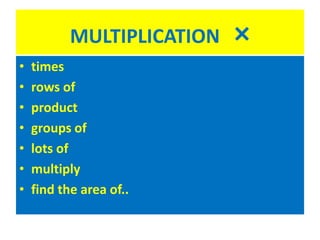 MULTIPLICATION ×
• times
• rows of
• product
• groups of
• lots of
• multiply
• find the area of..
